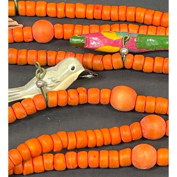 Retro Boho Chic Necklace Orange Wood Beaded Carved Tropical Parrot Bird Vintage - Picture 7 of 12